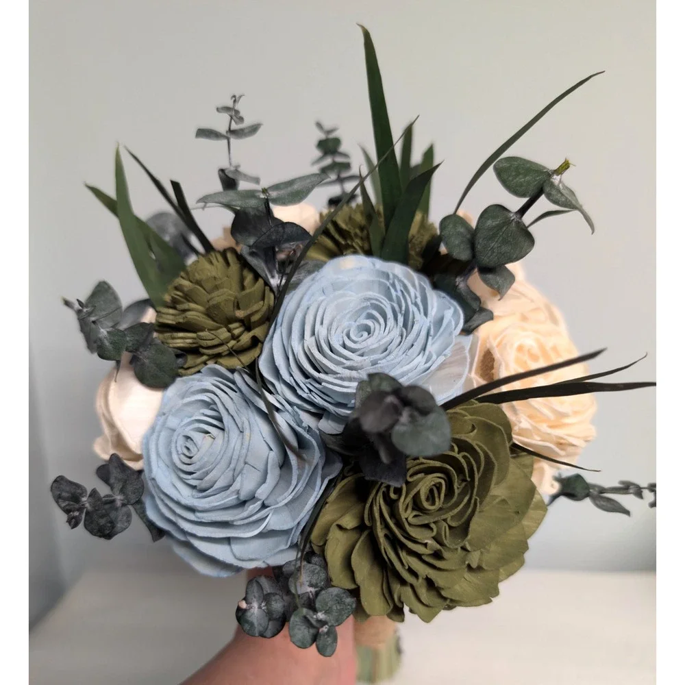 Nantucket Blue Green Cream Sola Wood Bridal Bouquet Bridesmaid Wedding Flowers